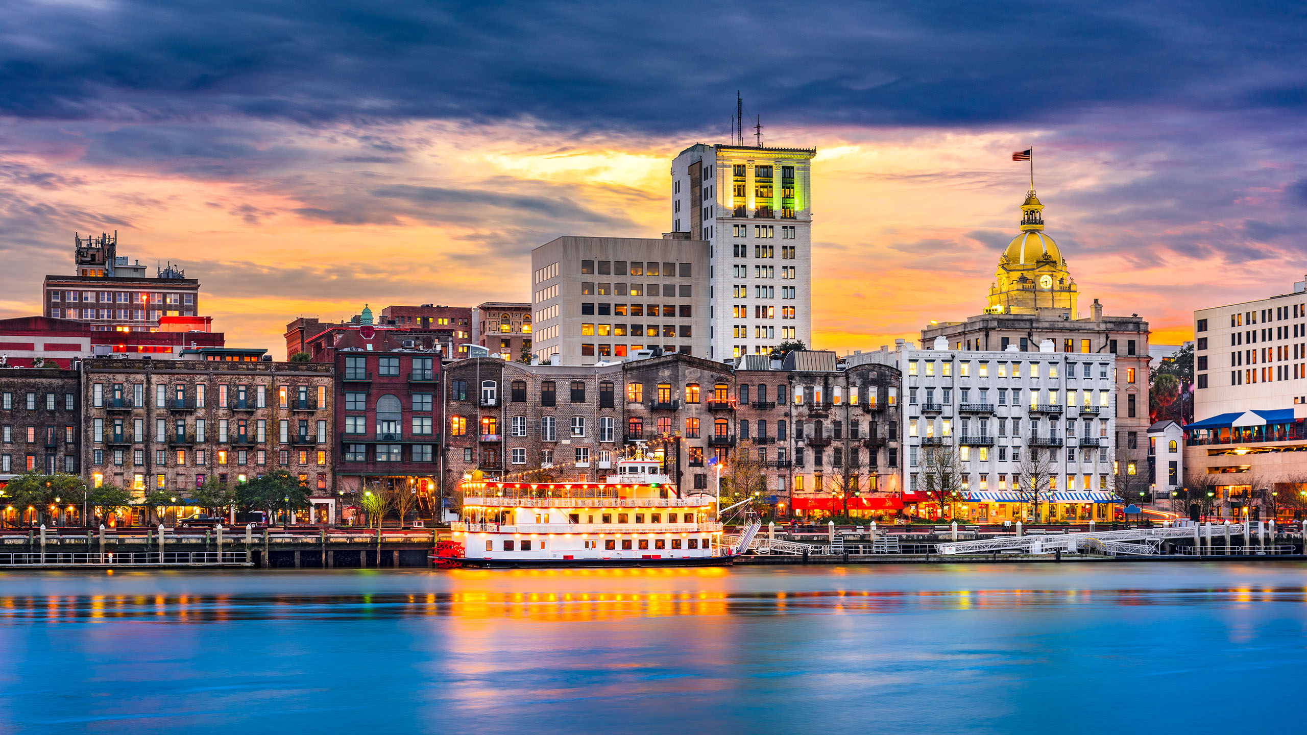 Savannah riverfront skyline at sunset